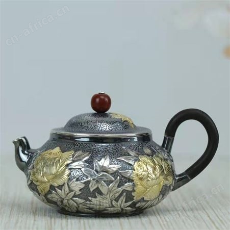 高浮雕泡茶银壶999牡丹花纯银小茶壶复古鎏金足银功夫茶具手工壶
