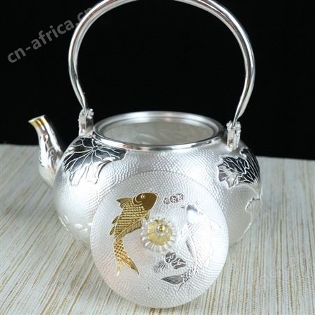 连年有余高档纯银茶具套装s999全手工泡茶煮水银壶公道杯喝茶杯子