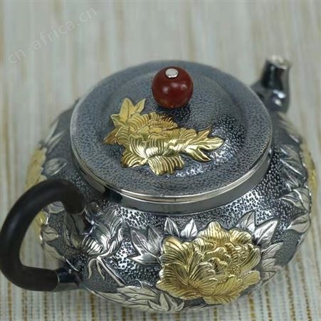 高浮雕泡茶银壶999牡丹花纯银小茶壶复古鎏金足银功夫茶具手工壶