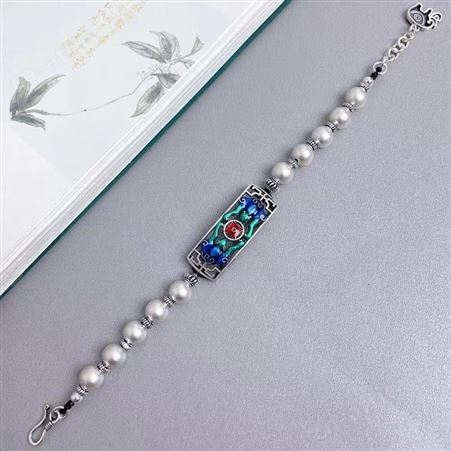 意轩烧蓝吉祥鱼莲蓬手链手工编织手饰简约个性复古做旧女